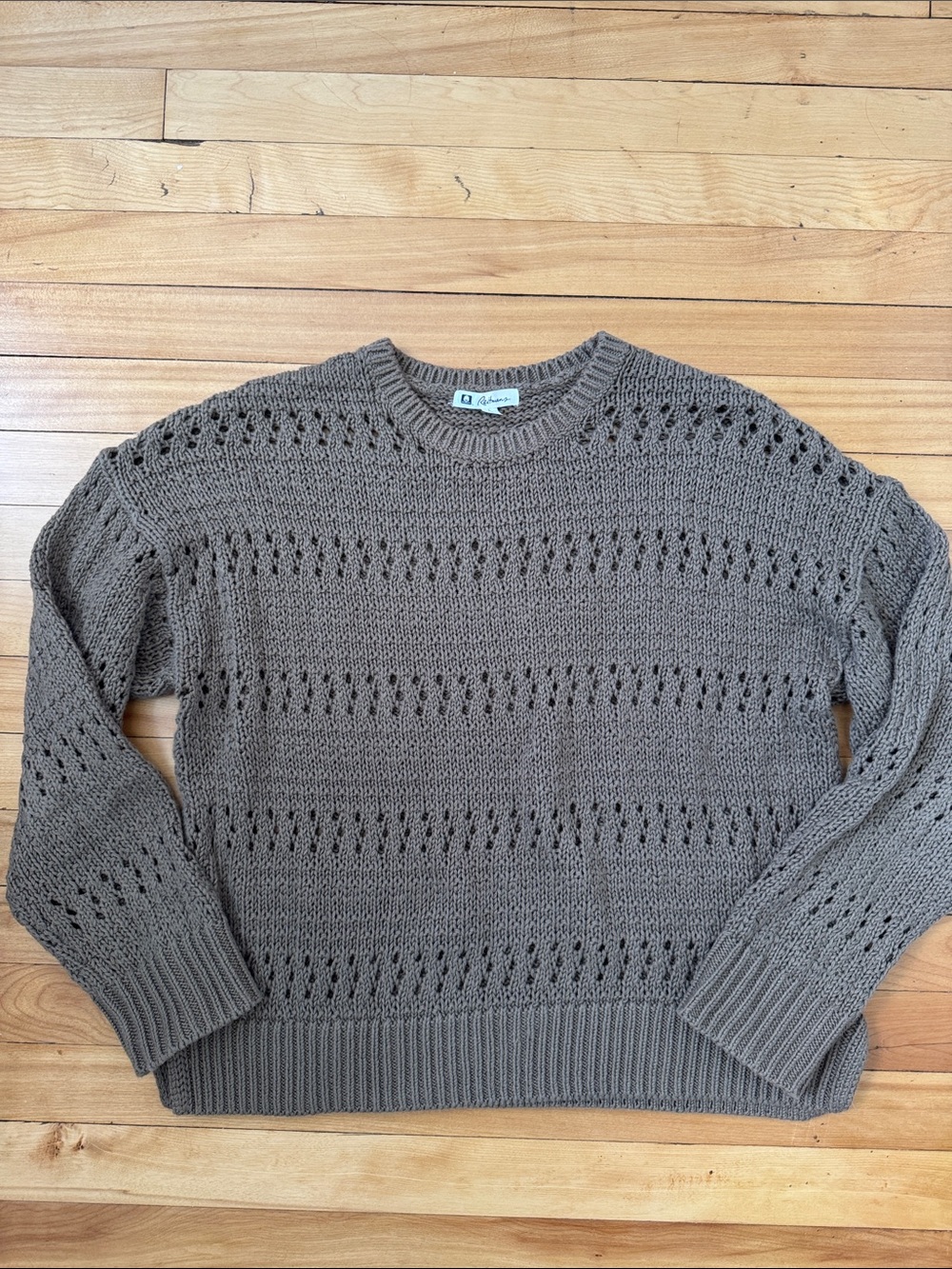 Reitmans Open-Knit Crewneck Sweater in Taupe Green